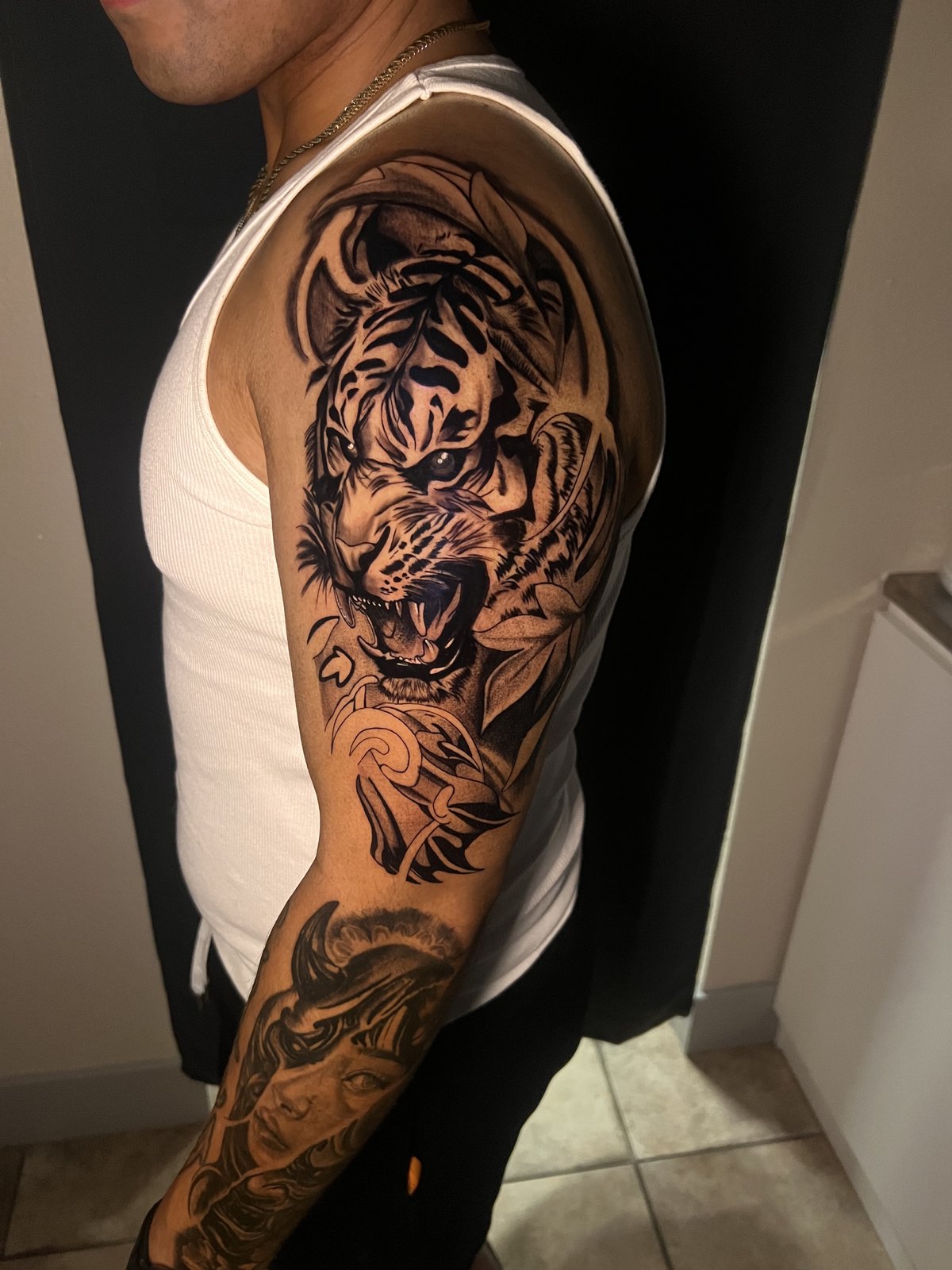 Tiger Sleeve tattoo by Cam Donachie